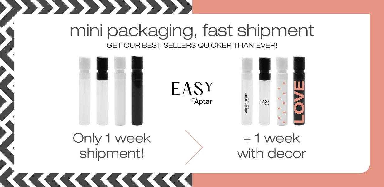 Promo image showing sample mini vials for fragrance sampling labeled Easy Spray with text: mini packaging, fast shipment. Plain vials ship in 1 week in EMEA