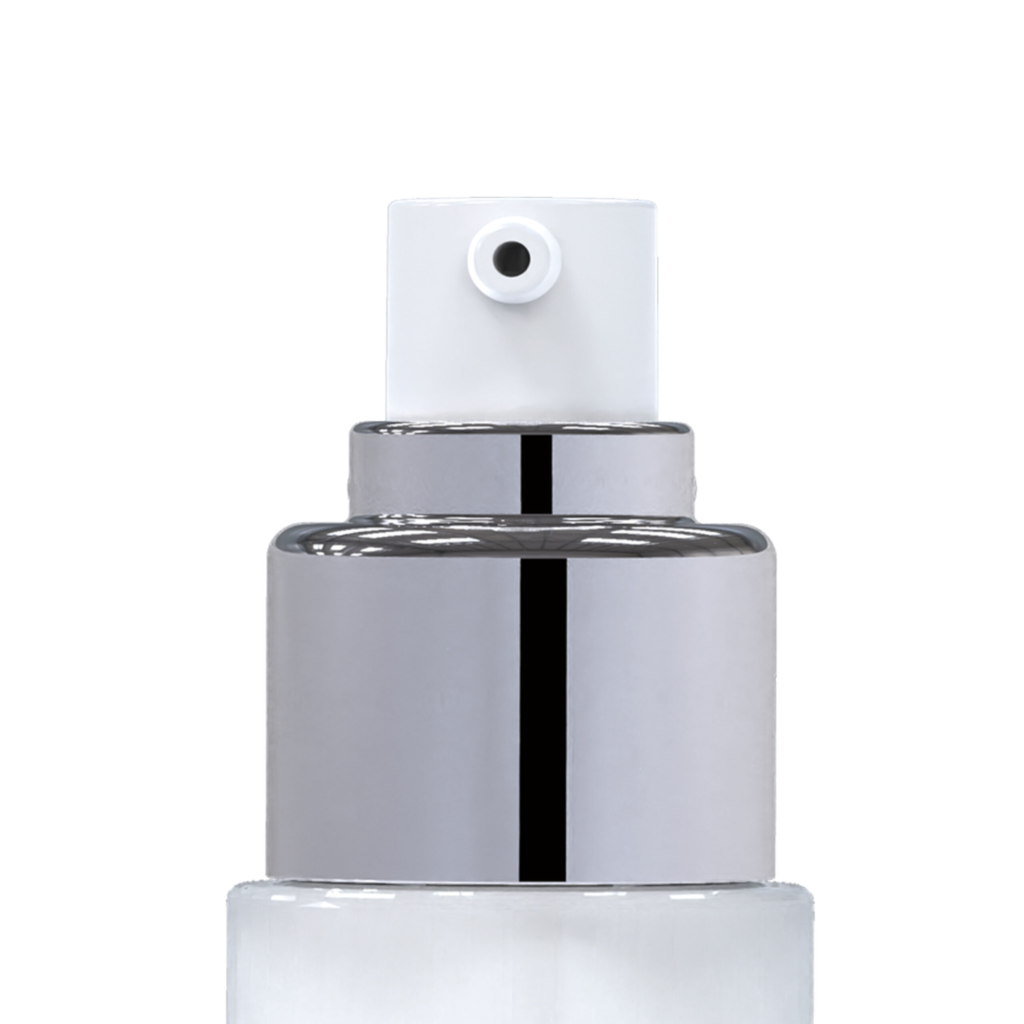 Close-up of a white timeless and classic cosmetic pump named Classicline with silver collar, centered and isolated on a white background.