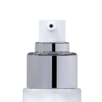 Close-up of a white timeless and classic cosmetic pump named Classicline with silver collar, centered and isolated on a white background.