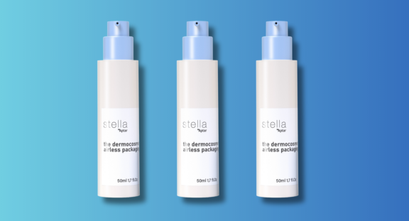 A group of cream bottles with blue caps, featuring a versatile airless dispenser labeled Stella by Aptar in black text,against a gradient blue background.