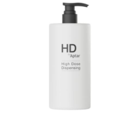 White plastic pump bottle labeled "HD by Aptar High Dose Dispensing" against a plain background, with curved actuator.