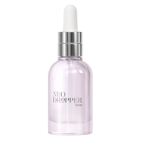 A clear glass dropper bottle with a silver collar and white rubber top showcases innovative dropper packaging. The bottle is labeled NEO DROPPER by Aptar and contains a light pink liquid, set against a plain white background.