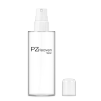 A clear plastic spray bottle labeled PZ Heaven Aptar stands upright with its white cap beside it, featuring a Classic Fine Mist Spray Pump, all set against a white background.