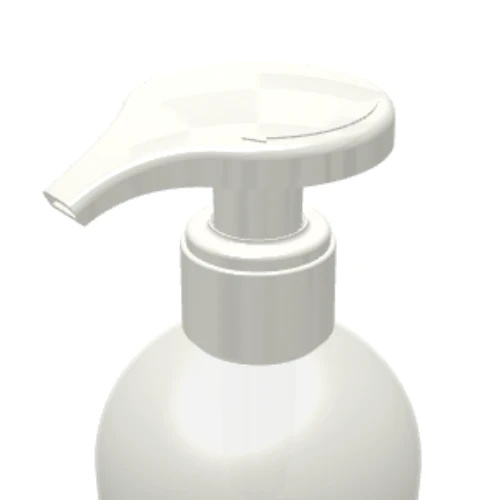 A close-up of a white plastic bottle with a Dispensing Pump with Metal-Free Pathway labeled GSA, commonly used for soap, lotion, or sanitizer, against a plain white background.
