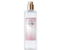 A clear, cylindrical spray bottle with a prestige fragrance pump, gold spray nozzle, and a pink label reading Refill Precious INUNE by Aptar, 150ml. The bottle contains a transparent liquid.