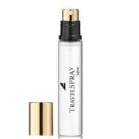 A clear, travel-size Mini Spray Packaging labeled Travel Spray with a gold and black spray nozzle. The gold cap rests beside the bottle on a white background.