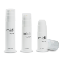 A group of white containers with black text, designed as airless packaging for high-viscosity formulas named Midi.