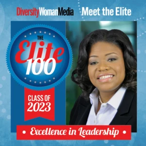 Picture shows EVP and CLO Kimberly Chainey with the Elite 100 logo