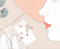 Minimalist illustration of a womans face in profile, with coral lips, holding two floral-patterned cards for Long-Lasting Paper Fragrance Sampling. Soft, muted pink and beige tones, with delicate flower accents in the background.