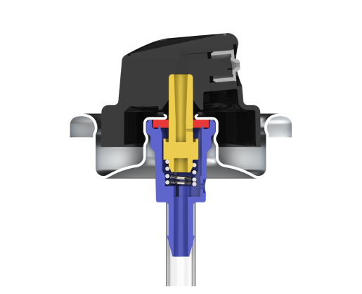 a rendering of the inside of an aerosol actuator showing the valve composition with a wiper and a metal spring on a white background