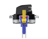 a rendering of the inside of an aerosol actuator showing the valve composition with a wiper and a metal spring on a white background