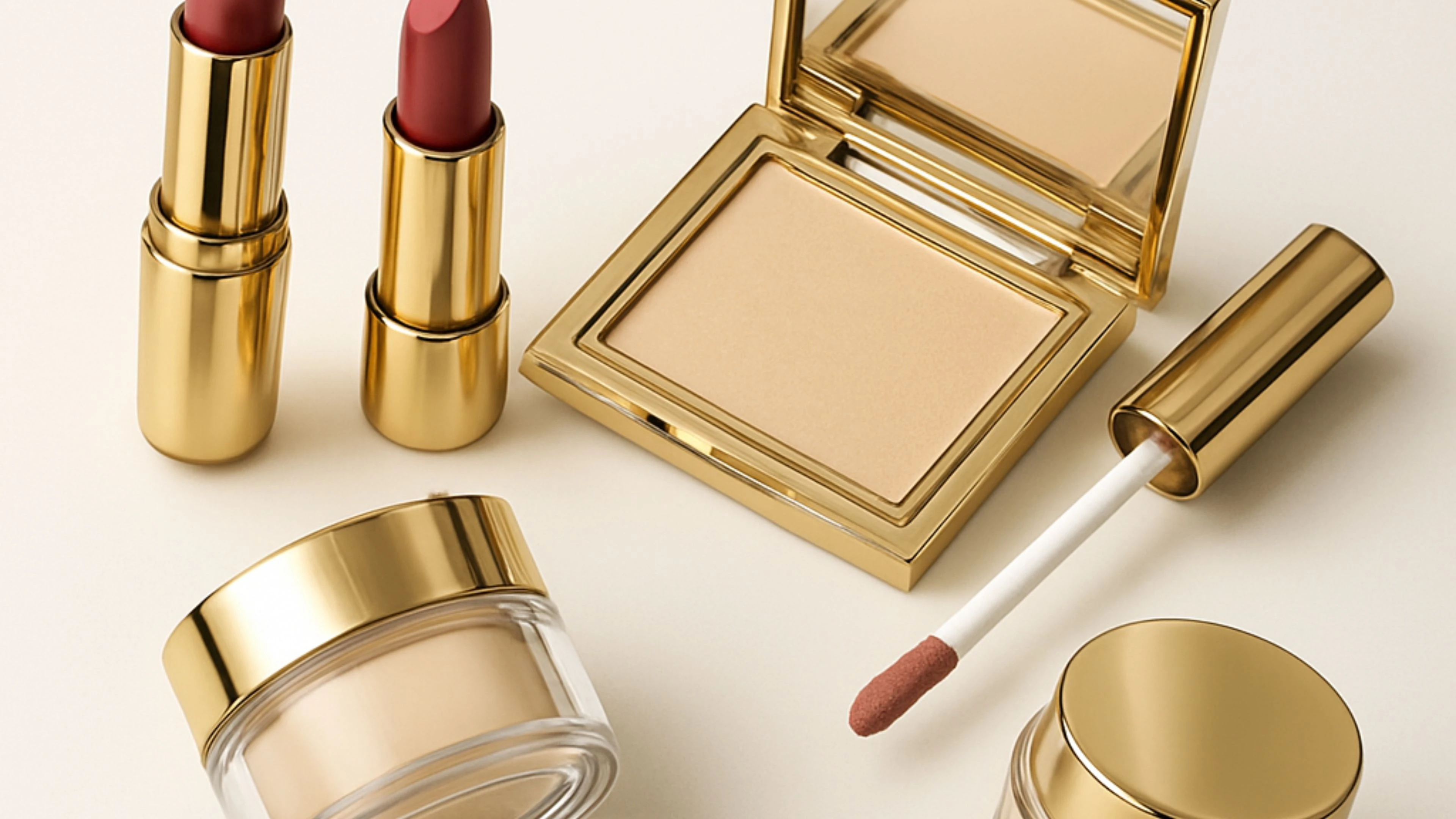 A collection of gold-cased makeup items from BTY, a custom cosmetic packaging manufacturer rests on a light surface, featuring two lipsticks, a compact powder with mirror, a jar of foundation, and a liquid lip gloss with its applicator wand.