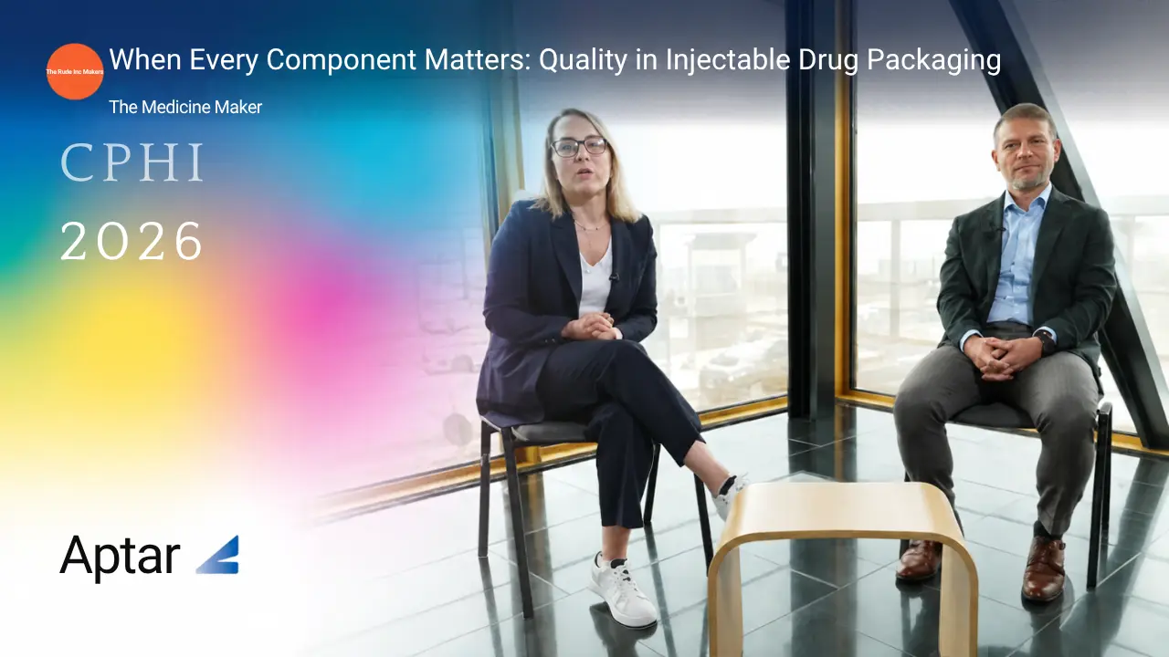 Two speakers discuss component quality in injectable drug packaging in an interview setting at CPHI 2026.