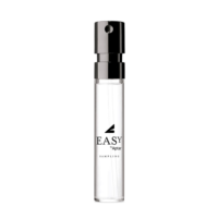A clear cylindrical perfume sample bottle with a black nozzle and cap, labeled EASY by Aptar SAMPLING in black text on the front ideal for convenient fragrance sampling.