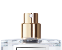 Close-up of the top part of the Precious Sensea refillable fragrance purse spray bottle, featuring a clear glass body and a shiny gold nozzle. The image highlights the sensorial prestige fragrance pump, with no visible label, against a plain background.