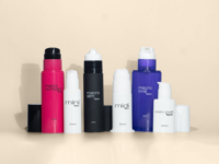 A group of colorful cosmetic bottles in various sizes and shapes, including pink, black, white, and blue bottom fill airless packaging and topfill airless packaging labeled macro compact, macro slim, macro oval, mini, midi, and mini oval.