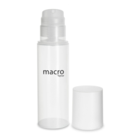 A clear plastic bottle labeled Marco by Aptar, a bottom fill airless packaging stands upright, with its matching cylindrical cap placed beside it on a white background.