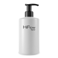 A white plasti labeled HiFlow by Aptar with a black lockable high-dosage dispensing pump, standing upright on a plain white background.