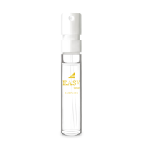 Aptar’s Easy Spray fragrance sampling bottle shown upright against a white background, with a clear glass body, white plastic spray pump, and gold 'EASY Aptar SAMPLING' logo on the front.