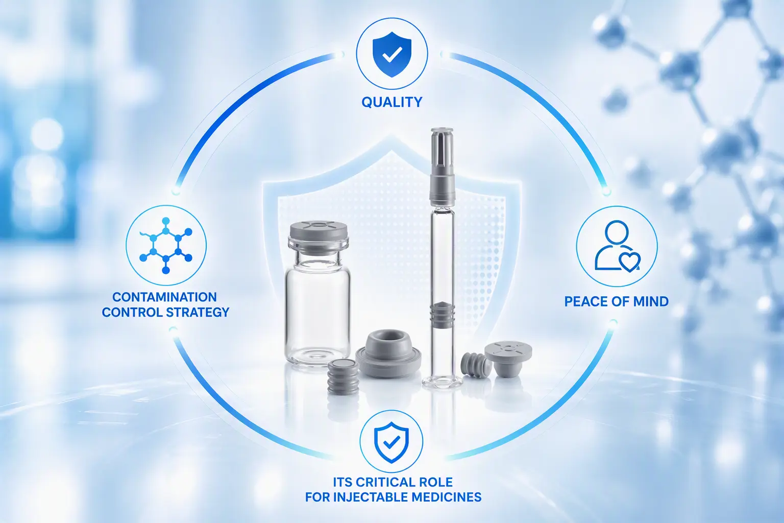 Injectable vial and elastomer components within a shield, surrounded by quality and contamination control icons.