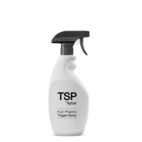 A black full-plastic trigger spray pump labeled TSP by Aptar, mounted on a white bottle and shown against a plain white background.