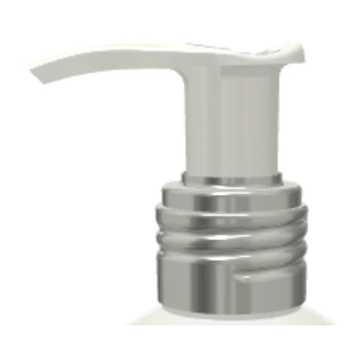 A close-up of a silver and white soap or lotion dispensing pump with metal-free pathway named GSA against a plain background.