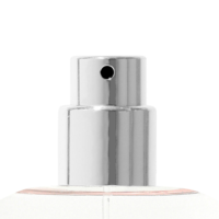 Close-up of an elegant fragrance pump Essencia, featuring a shiny silver perfume spray nozzle atop a bottle, set against a white background.