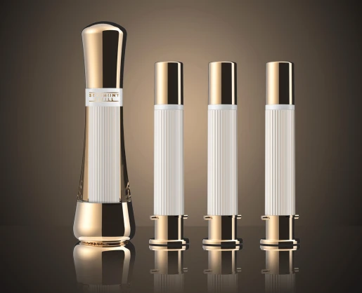 Aptar Beauty's Serumony refillable airless dropper in elegant gold and white packaging is displayed alongside multiple refill cartridges, set against a gold gradient background.