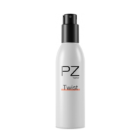A white bottle with a black twist-to-lock-spray pump and a label reading PZ Aptar Twist in black text with a pink transparent line through "twist", standing upright on a plain white background.