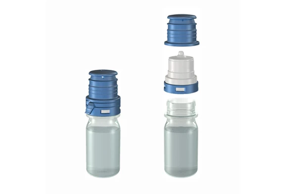 A breakdown of Aptar Pharma’s Ophthalmic Squeeze Dispenser, showing the bottle, nozzle, and cap components, designed for precise and preservative-free eye drop delivery.