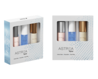 Two boxed sets of Astrea by Aptar are displayed side by side. Each set features mini-format bottles equipped with airless glass dispensers. The bottles include white, silver and gold actuator finishes.