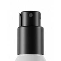 Close-up of a black twist-to-lock-spray pump named PZ Twist on top of a white bottle, set against a plain white background.