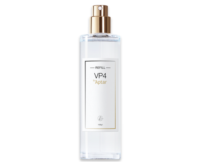 A clear plastic spray bottle with VP4, a High-Performing Fragrance Pump by Aptar in simple black and gold text on a white label, the bottle contains 100 ml of liquid.