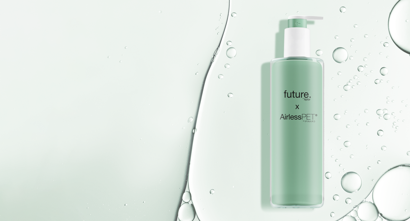 A green pump bottle labeled Future Airless PET sits on a light green background with water droplets and liquid swirls around it, highlighting freshness and hydration.