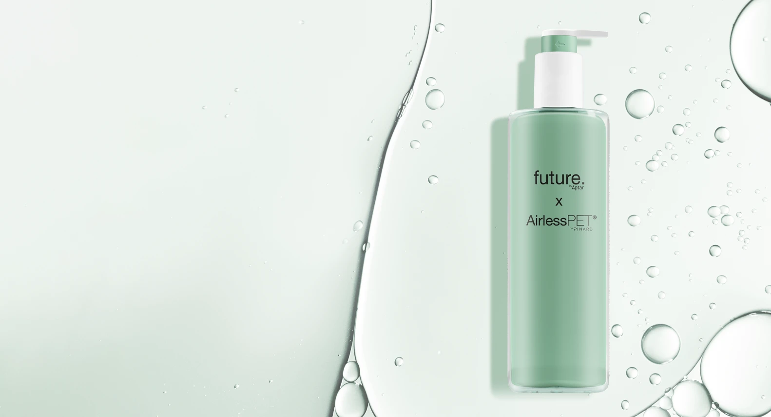 A green pump bottle labeled Future Airless PET sits on a light green background with water droplets and liquid swirls around it, highlighting freshness and hydration.