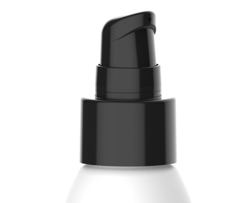 Close-up of Euromist Cardinal Lotion, a black low output cosmetic pump for high-viscosity formulas on a white bottle, commonly used for lotions, soaps, or skincare products, against a plain white background.