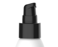 Close-up of Euromist Cardinal Lotion, a black low output cosmetic pump for high-viscosity formulas on a white bottle, commonly used for lotions, soaps, or skincare products, against a plain white background.