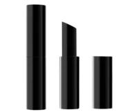 Three black lipstick tubes are shown: one closed, one open with the lipstick extended, and one with the cap removed and placed beside it, all standing upright on a white background.