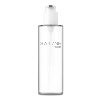 A clear cylindrical spray bottle with a white Generous Dosage Cosmetic Pump and transparent cap, labeled SATINE by Aptar in black text on the front. The internal spray tube is visible through the bottle.