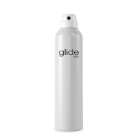 A tall, white e-commerce capable aerosol spray can with a rounded actuator, labeled Glide near the top in black text. The design is minimalistic with no other markings or decorations.