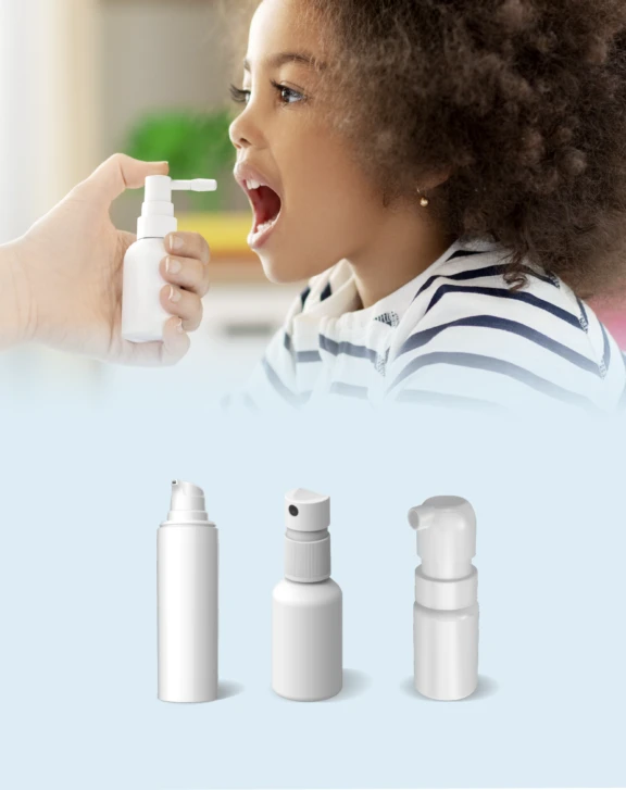 A young girl in bed receiving oral dosing of liquid spray, drop or gel product from oral spray or dropper system from Aptar.