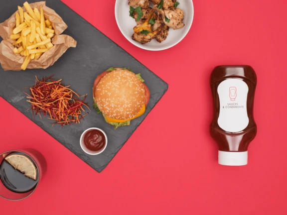 PolkaLite closure on ketchup bottle with burger and fries