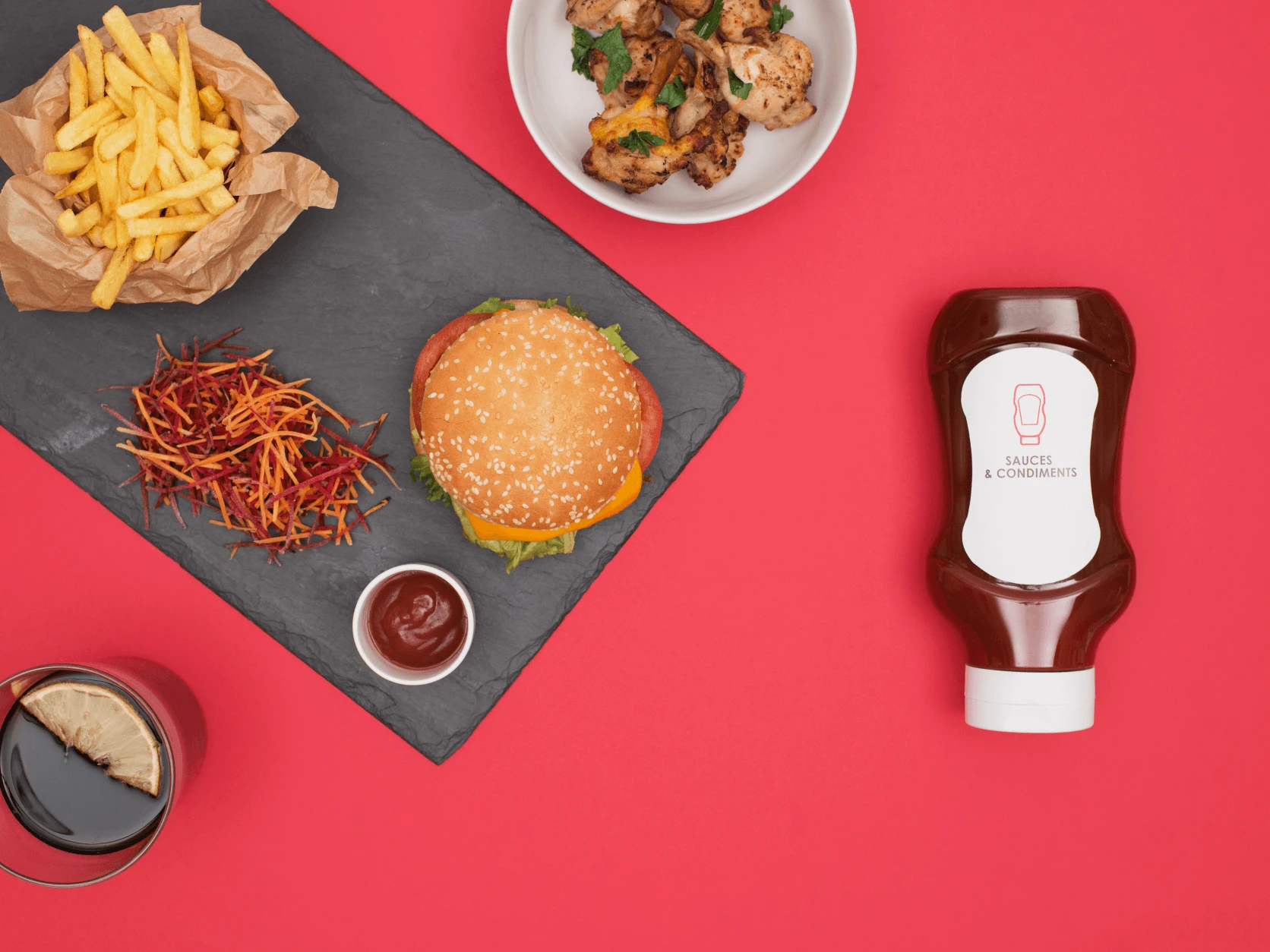 PolkaLite closure on ketchup bottle with burger and fries