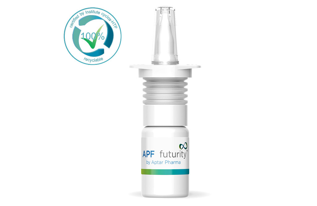 White polyolefin recyclable multidose nasal spray pump with Aptar Pharma futurity label featuring Tip Seal technology.