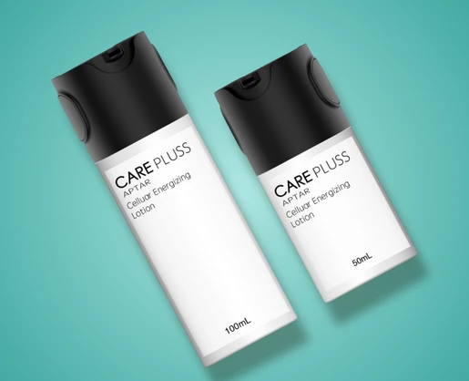 Two white bottles labeled CARE PLUSS APTAR Cellular Energizing Lotion with black lids are shown on a teal background of the product Eden-X, a Lockable Versatile Airless Packaging  one in 100 mL and the other in 50 mL sizes.