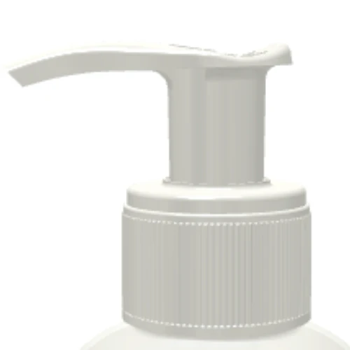 Close-up of a white plastic pump dispenser bottle featuring a Dispensing Pump with Metal-Free Pathway named GSA, set against a plain white background.