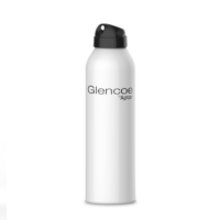 A tall, aerosol can with a black hoodless aerosol actuator, featuring the text Glencoe by Aptar printed on the front. The bottle is set against a plain white background.