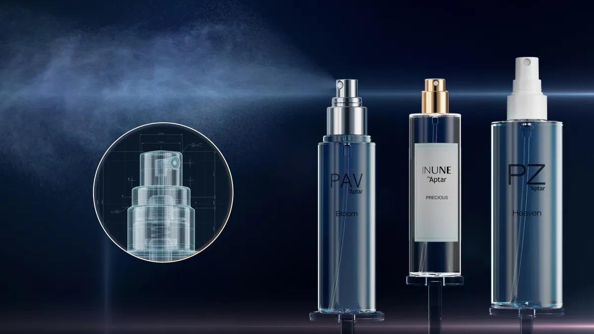 PAV by Aptar Bloom, INUNE by Aptar Precious, and PZ by Aptar Heaven spray packages are displayed beside a technical pump drawing, with fine mist patterns extending across a dark blue background.