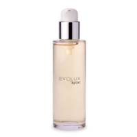 A clear glass bottle filled with pale yellow liquid, featuring a chic and premium cosmetic pump with a silver finish and white top. The label reads EVOLUX by Aptar.