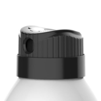 A close-up of Simplicity , a black  intuitive Twist-to-Lock Aerosol design, on top of a white bottle, shown against a plain white background.